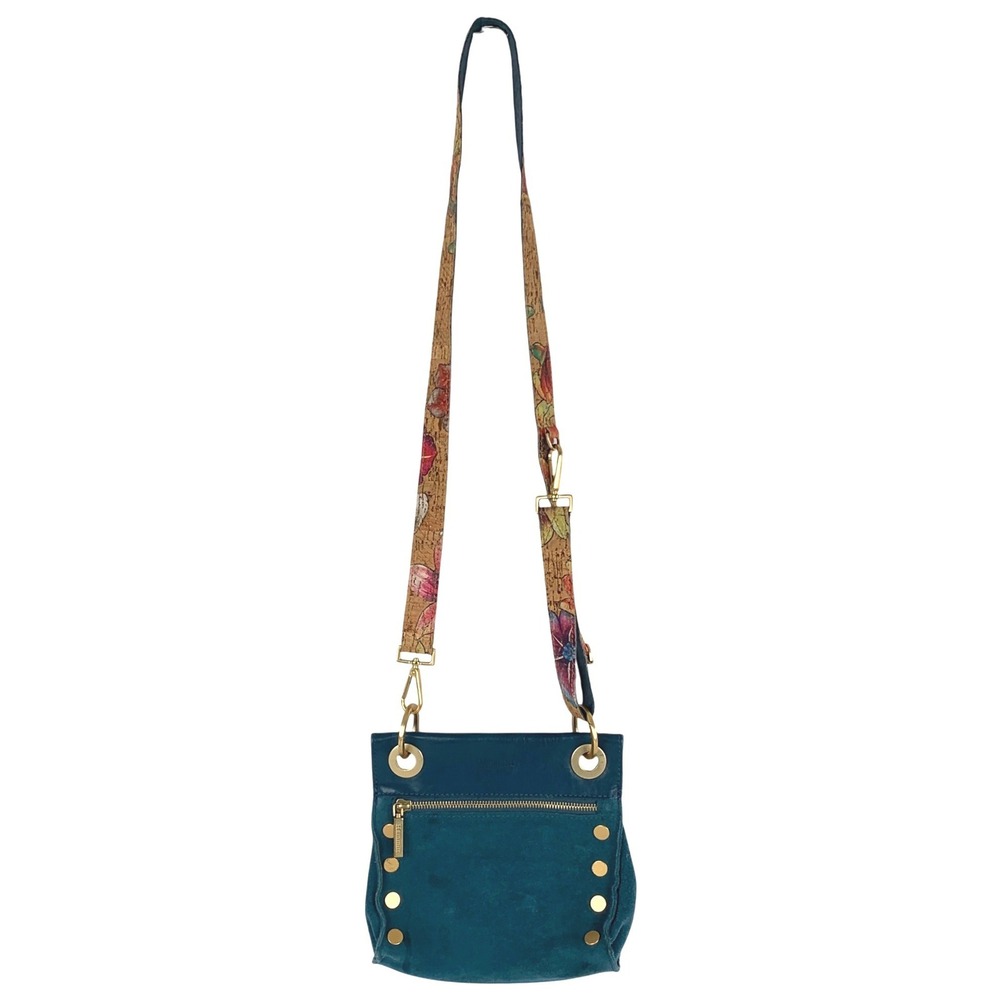 Hammitt Tony Small Teal Blue Leather Suede Crossbody Bag Gold Rivets Cork Strap